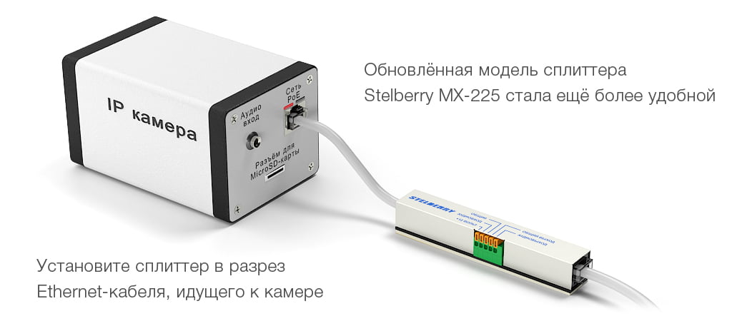 Подключение STELBERRY MX-225 к PoE IP-камеры для питания микрофона