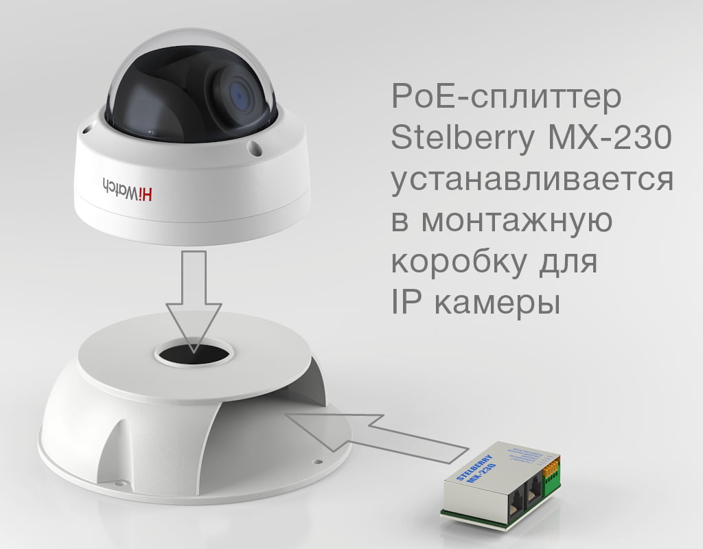 Проходной PoE-сплиттер STELBERRY MX-230 разработан специально для установки в монтажные коробки для IP-камер