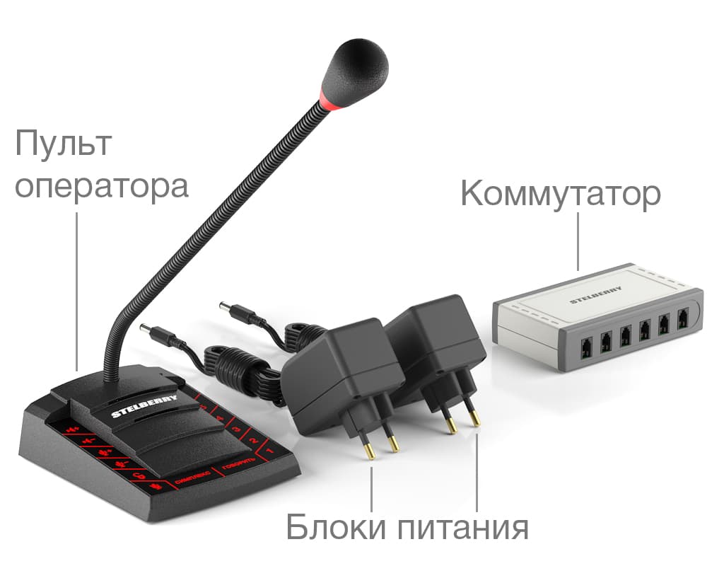 комплект поставки 6-канального переговорного устройства селекторной связи STELBERRY S-760