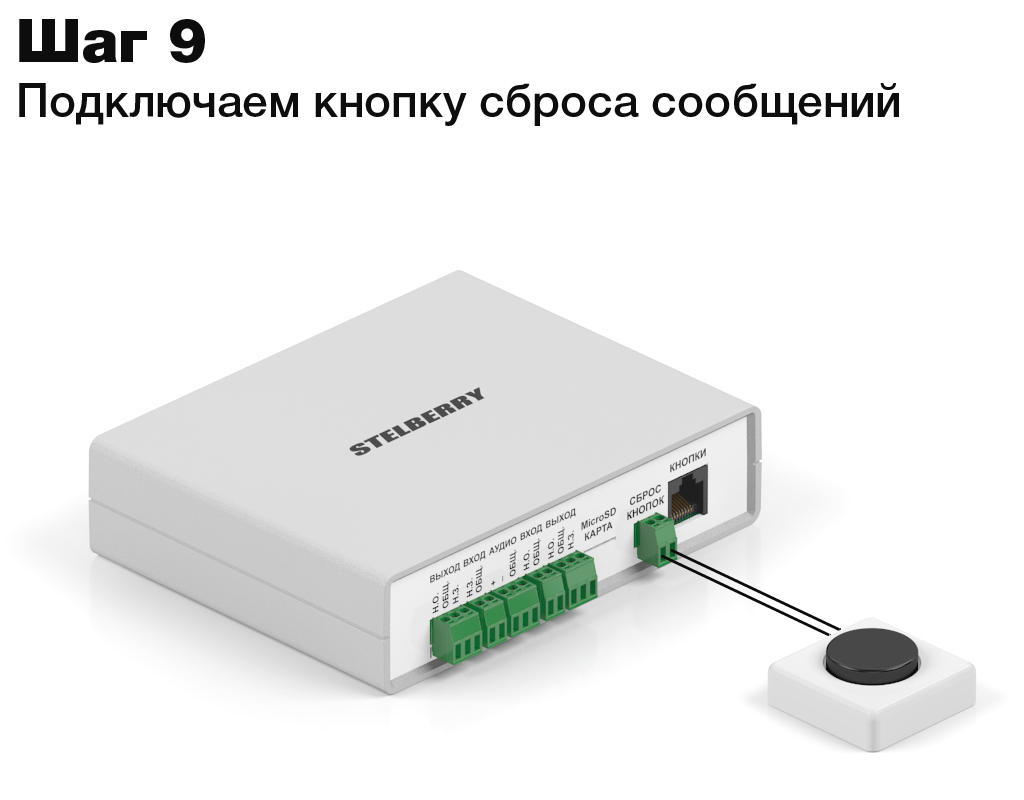 К входу «Сброс кнопок» на коммутаторе STELBERRY F-200 подключаем кнопку для сброса сообщений